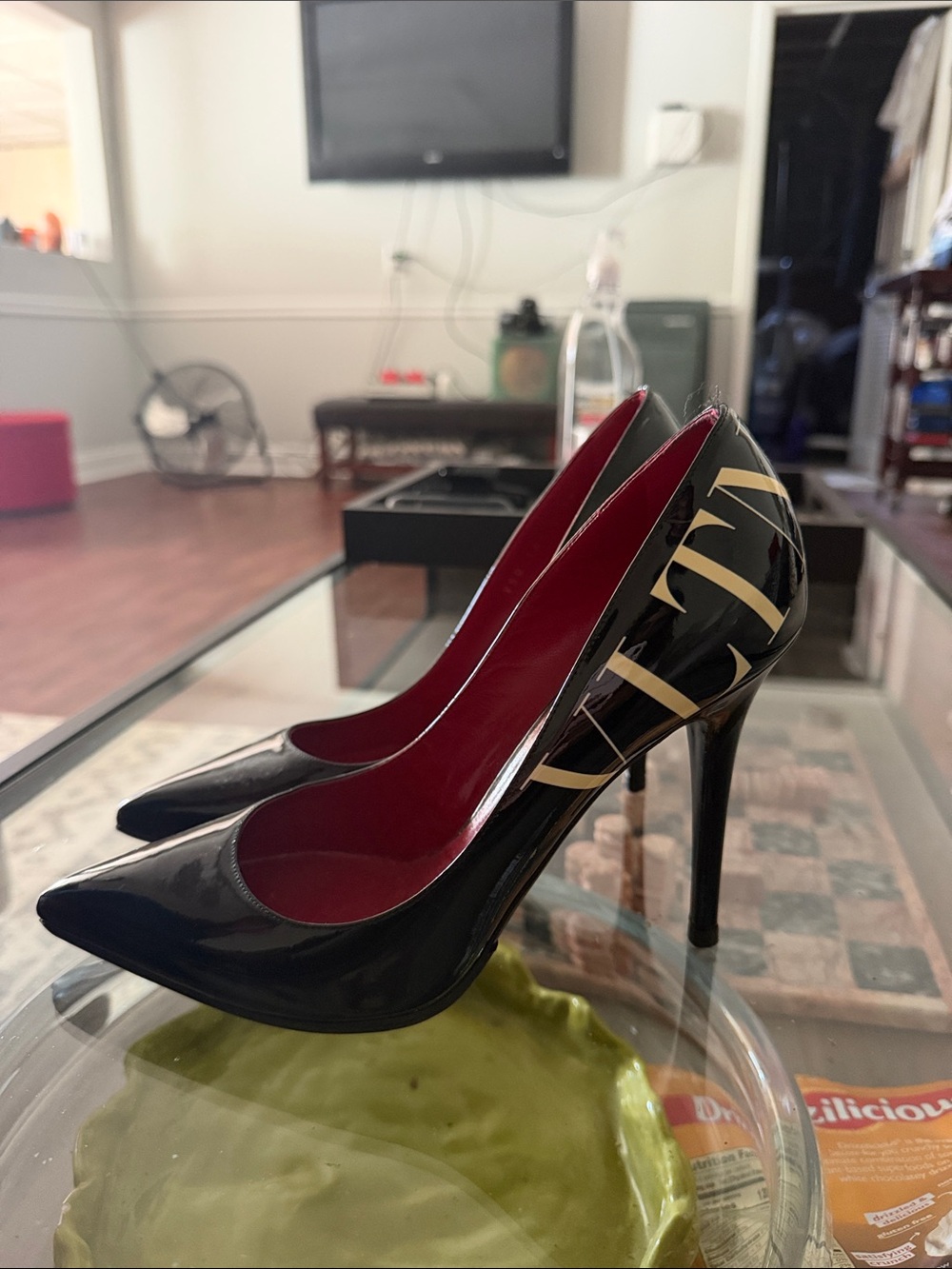 Valentino Garavani Black Patent Pumps with Red Interior and Gold Logo